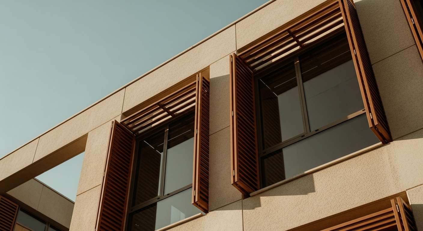 Close-up of a modern building facade with wooden shutters, representing quality construction.
