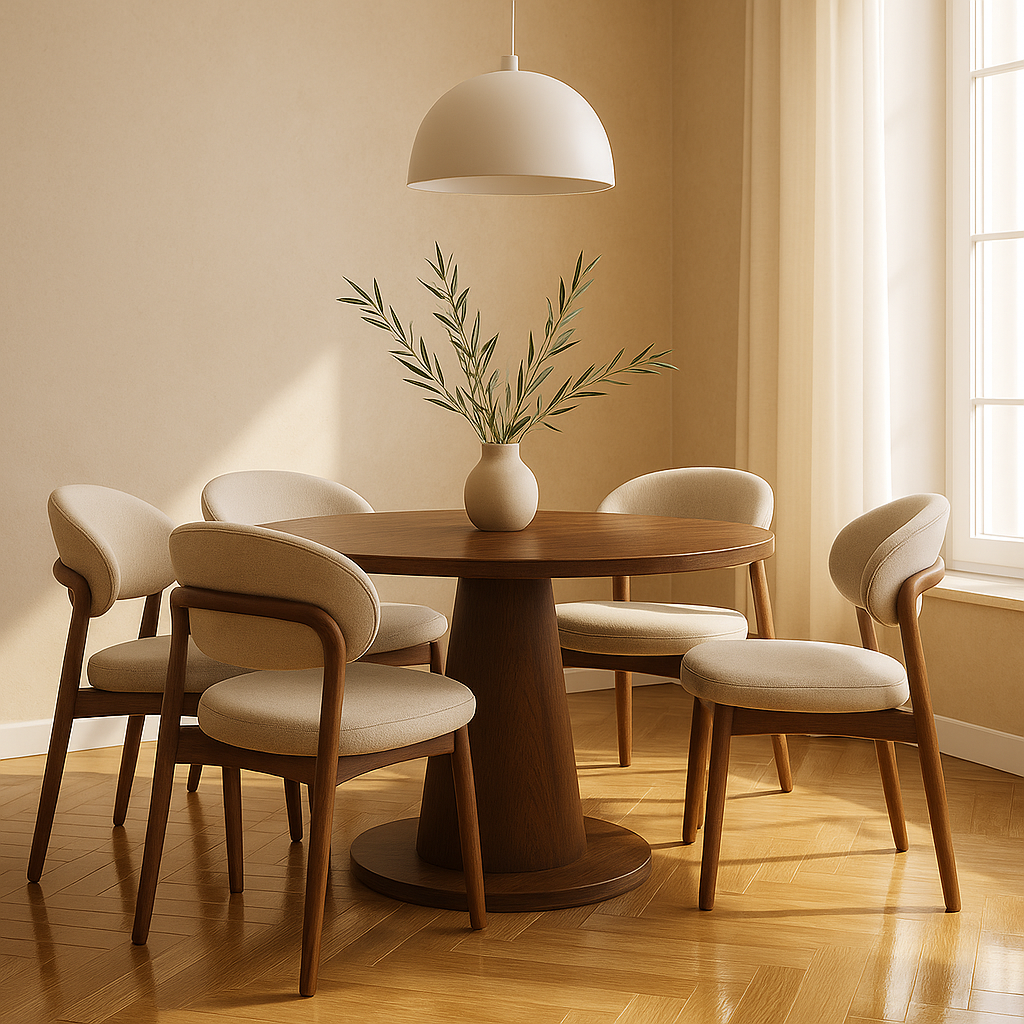 An elegant American Walnut dining table with six premium linen chairs.