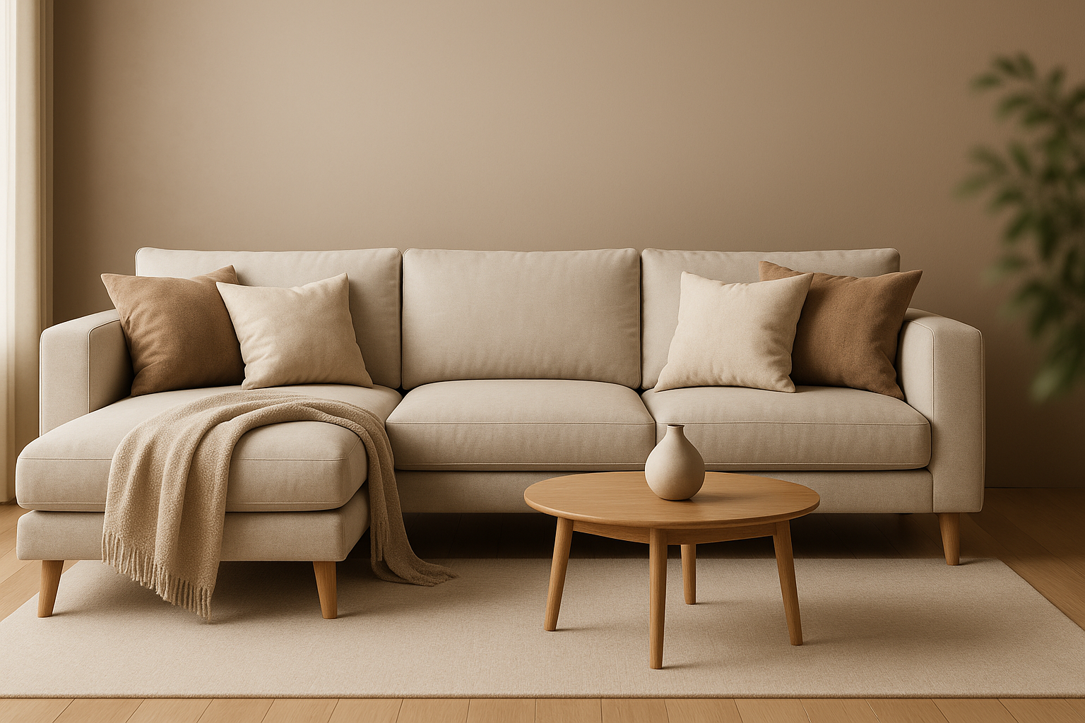 A large, elegant L-shaped sofa in a beige linen fabric.