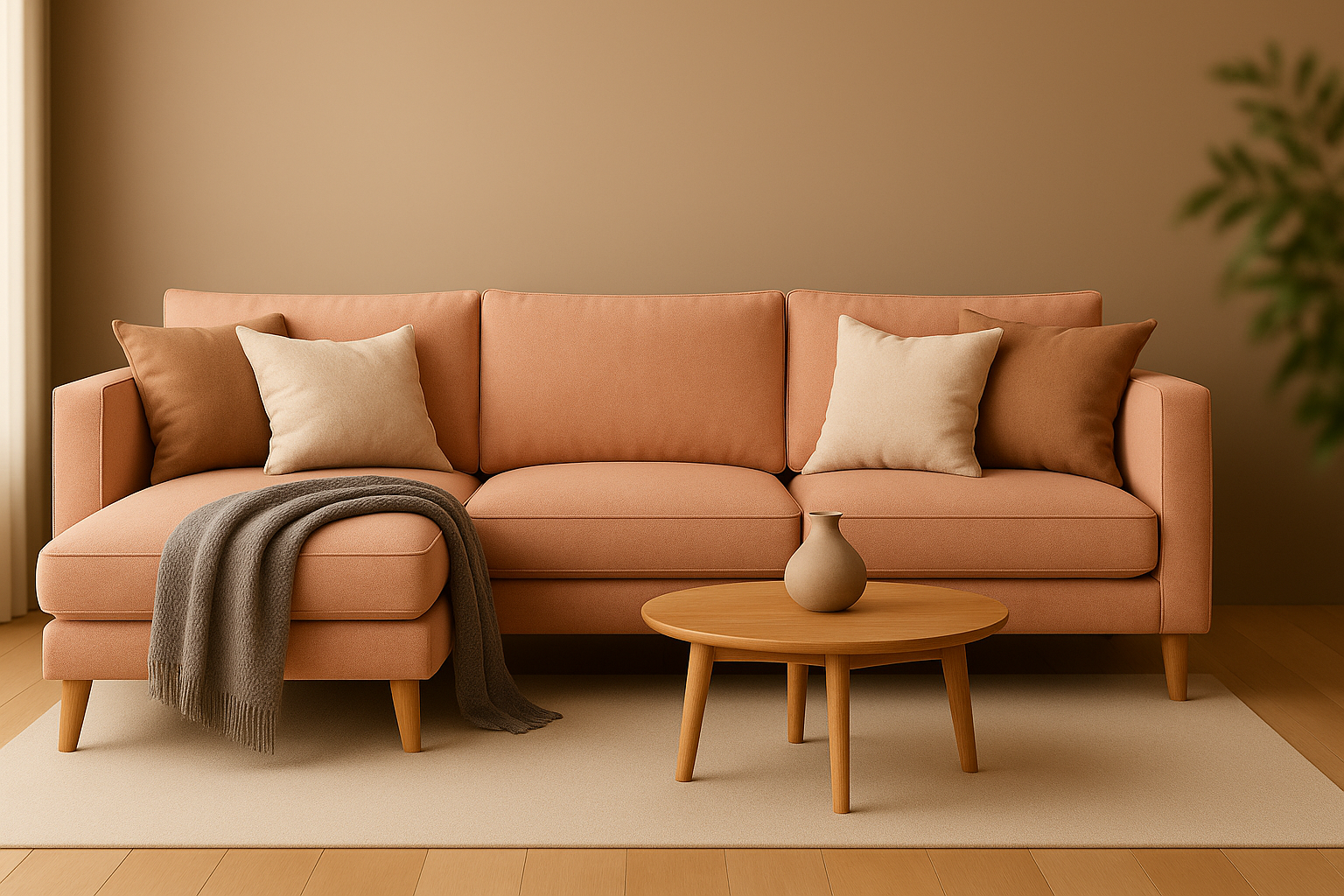 Peach color option for the L-shaped sofa.