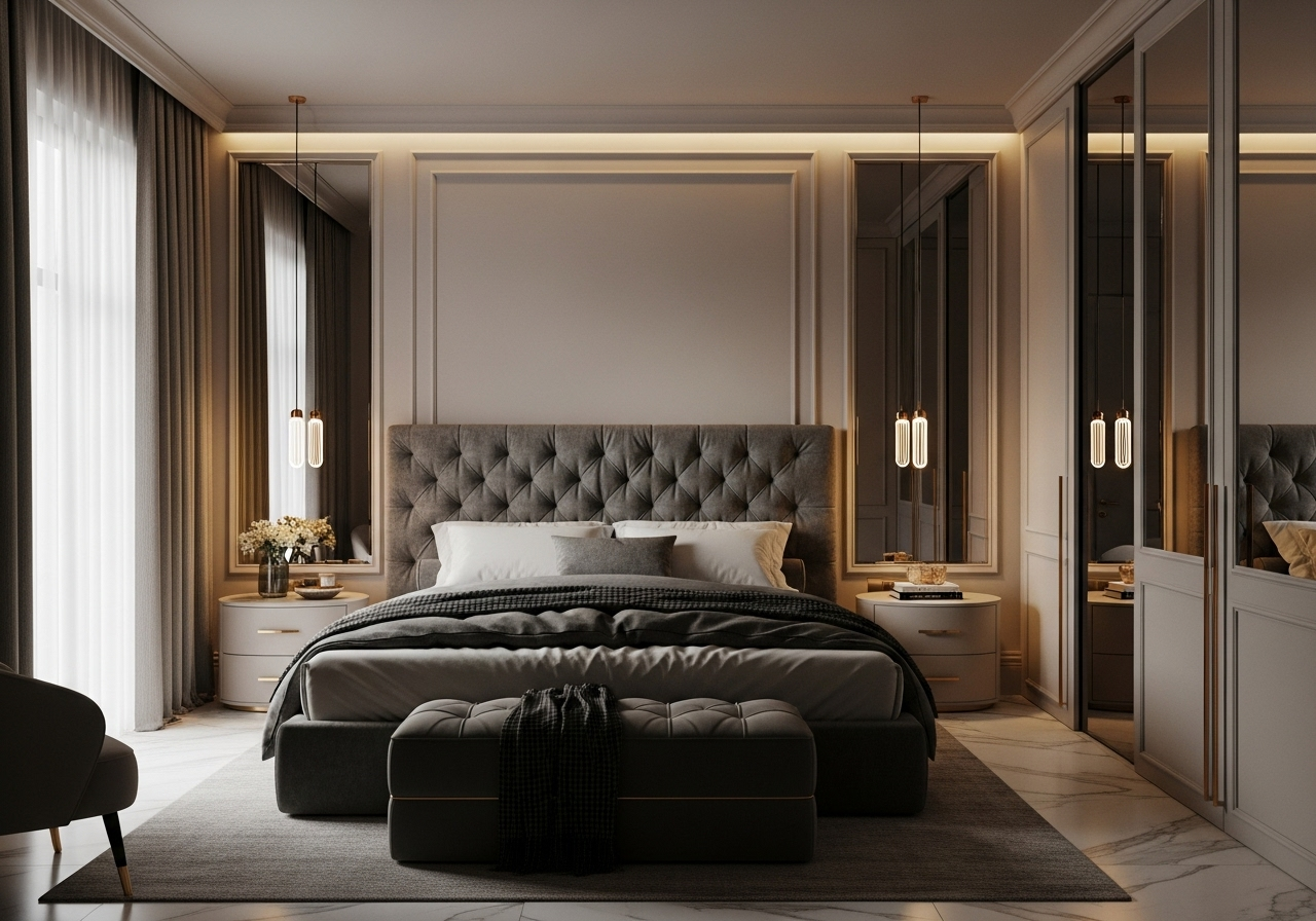 Luxurious bedroom with a custom tufted headboard.