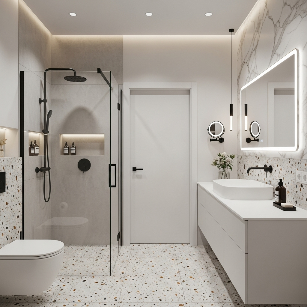 Modern minimalist bathroom with terrazzo flooring.