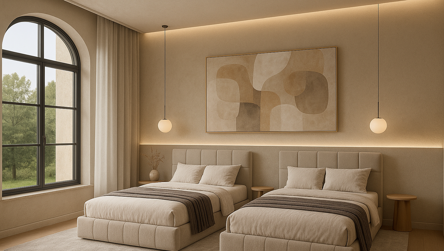 A cozy, modern home with smart lighting illuminated at morning.